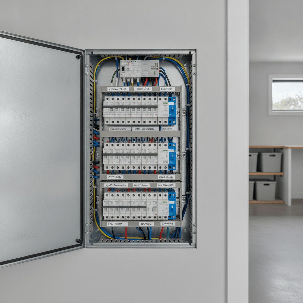Modern residential switchboard in a New Zealand home showing circuit breakers